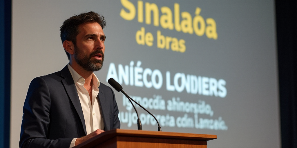 a man standing at a podium with a microphone in front of him and a sign behind him that says sinalao