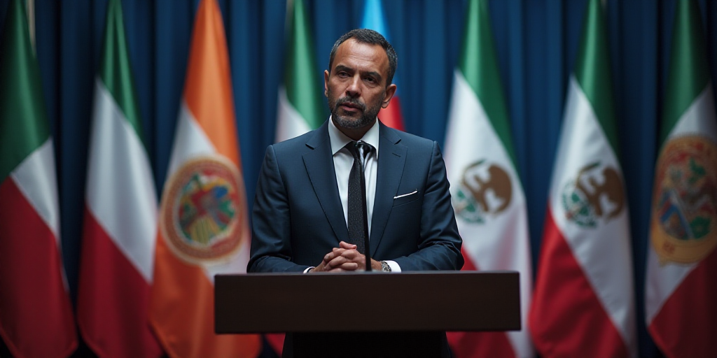 a man standing at a podium with a microphone in front of him and flags behind him in the background,