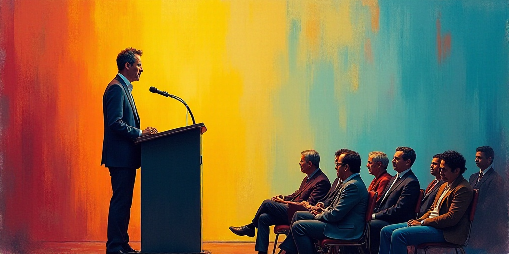 a man standing at a podium with a microphone in front of him and people sitting in chairs behind him