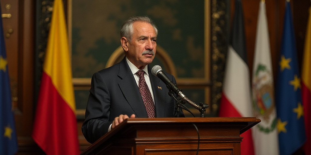 a man standing at a podium with a microphone in front of him and a flag behind him and a banner behi