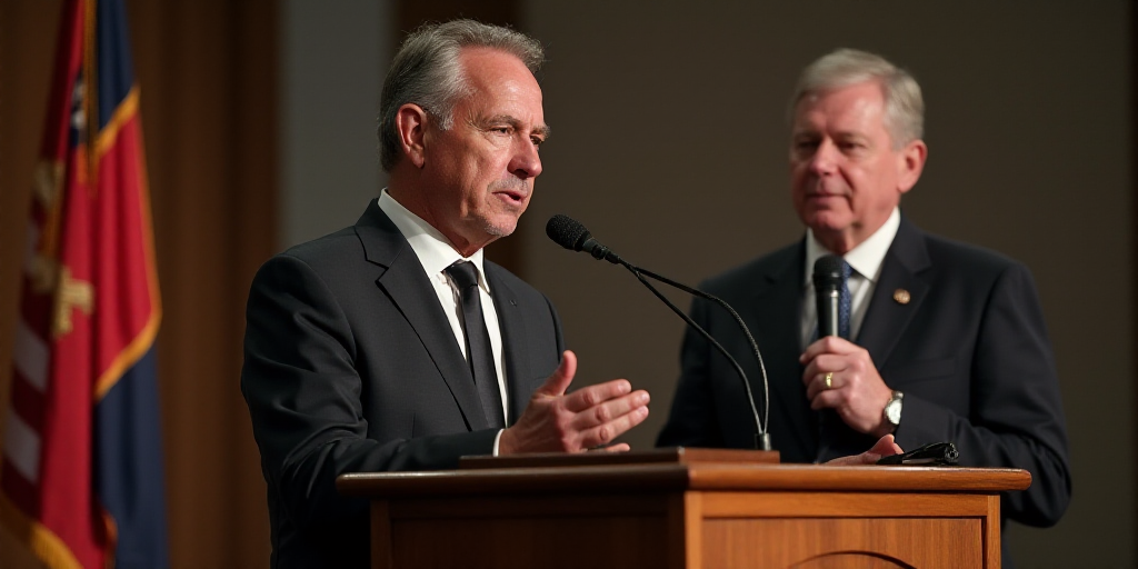 a man standing at a podium with a woman standing behind him and a man standing behind him holding a