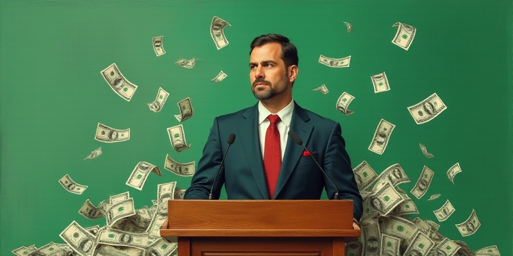 a man standing at a podium with money behind him and a green background with a picture of a man in a