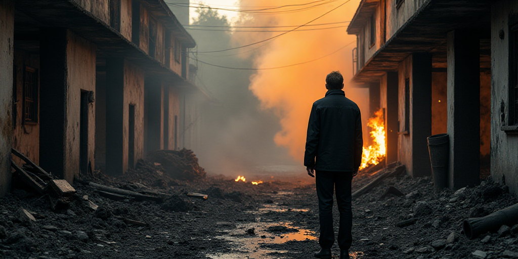 a man standing in a burned out building looking at the debris on the ground and a fireman in a black