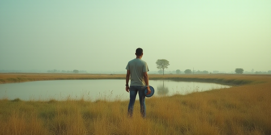 a man standing in a field next to a body of water holding a frisbee in his hand, Bhupen Khakhar, wid