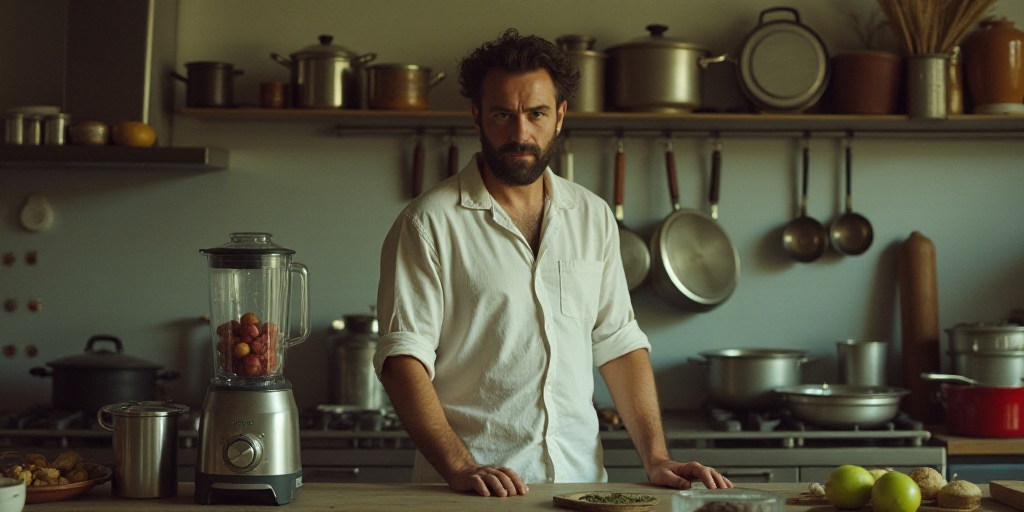 a man standing in a kitchen with lots of pots and pans on the wall and a blender on the counter, Cri