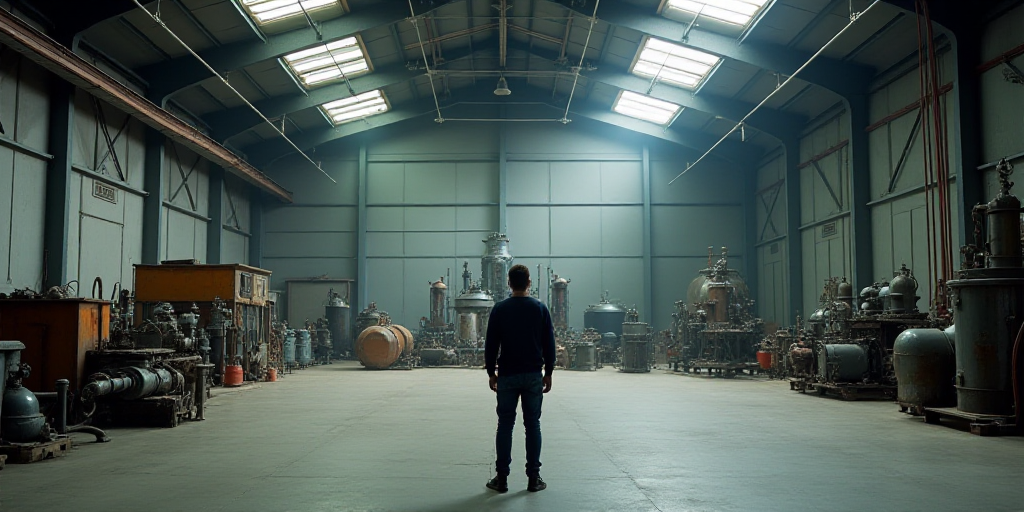 a man standing in a large room with lots of metal equipment in it's center area and lights on the ce
