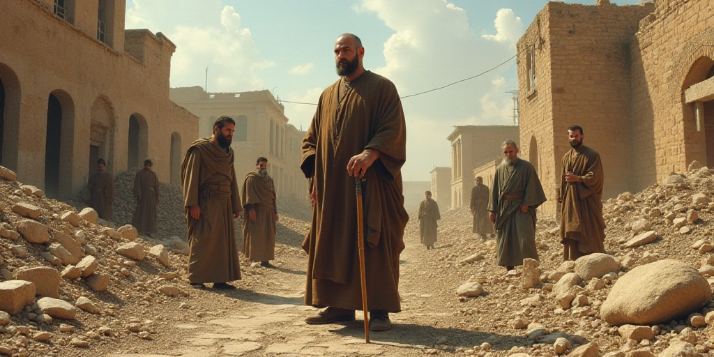 a man standing in a rubble area with other people around him and buildings in the background, with a