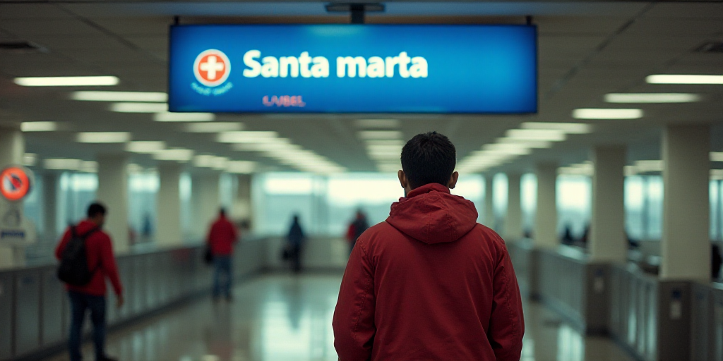 a man standing in a terminal with a red jacket on and a blue sign above him that says santa marta, C