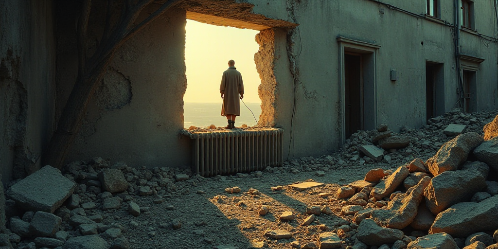 a man standing in a window of a building that has been destroyed down and is surrounded by debris an