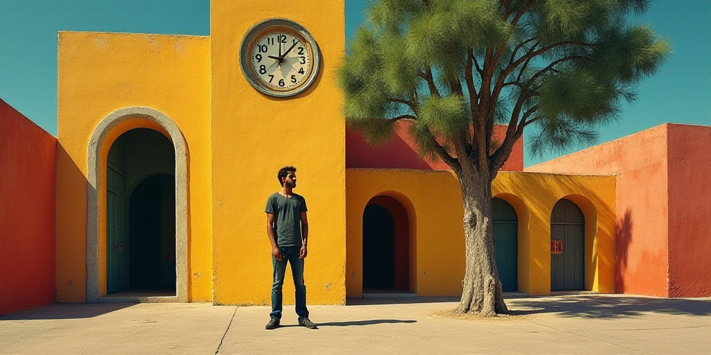 a man standing in front of a building with a clock on it's face and a tree in front of it, David Alf
