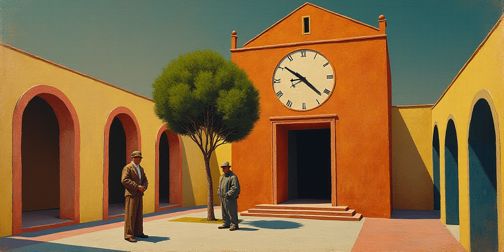 a man standing in front of a building with a clock on it's face and a tree in front of it, David Alf