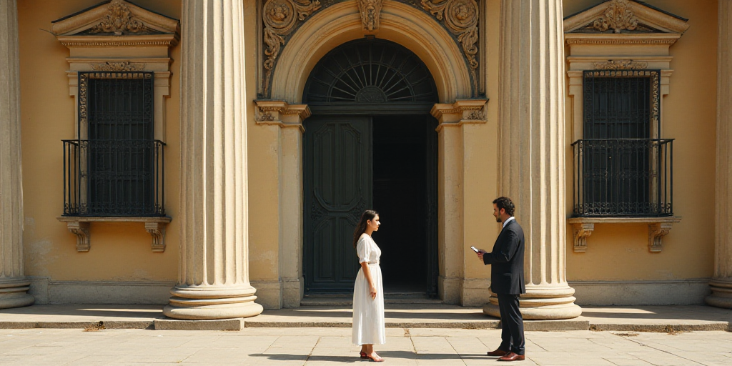a man standing in front of a building with a cell phone in his hand and a woman standing in front of
