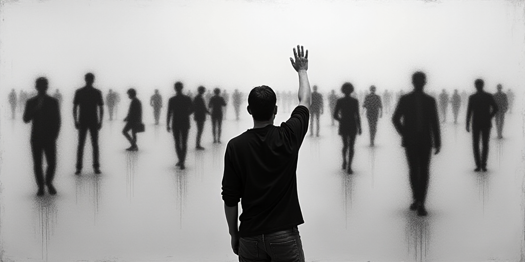 a man standing in front of a black and white photo of people on a wall with his hand up, Bruce Gilde