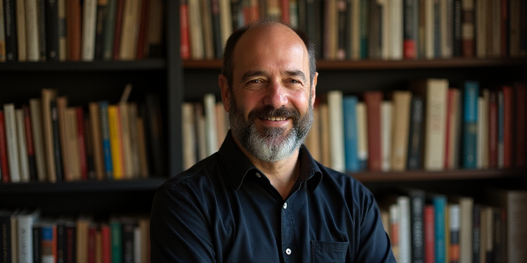 a man standing in front of a book shelf filled with books and bookshelves with a smile on his face,