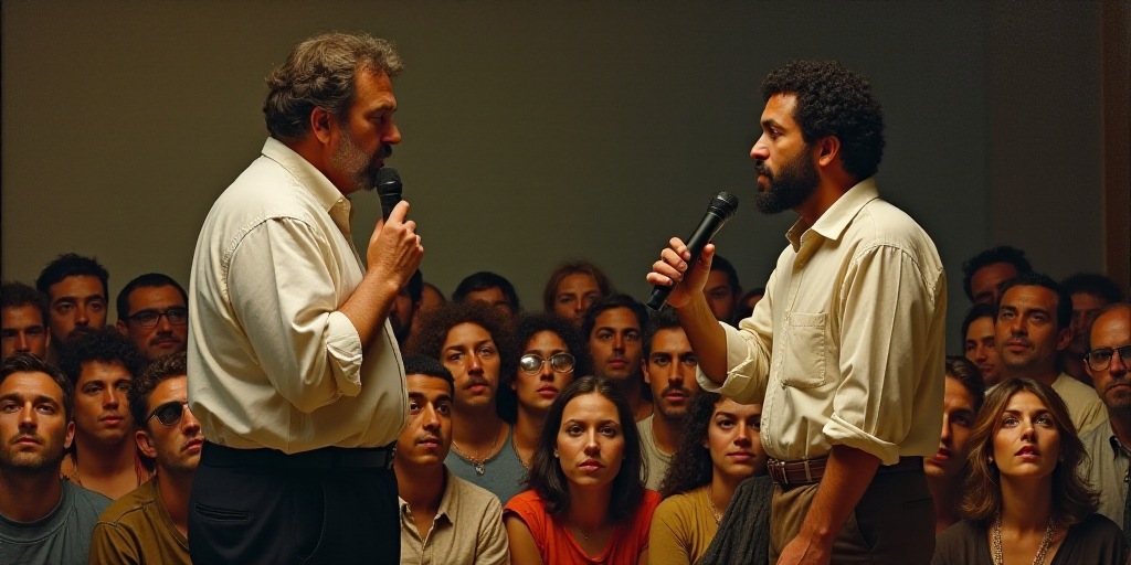 a man standing in front of a crowd of people with a microphone in his hand and a man in a white shir