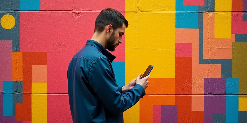 a man standing in front of a colorful wall using a cell phone in his hand and looking at his phone,