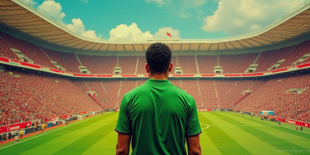 a man standing in front of a crowd of people at a soccer game in a stadium with a green shirt, David