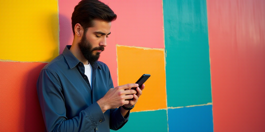 a man standing in front of a colorful wall using a cell phone in his hand and looking at his phone,