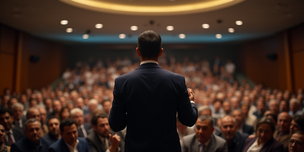 a man standing in front of a crowd of people at a conference hall with a microphone in his hand, Fed
