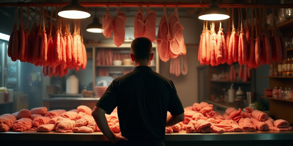 a man standing in front of a counter filled with meats and sausages in a store with a light hanging