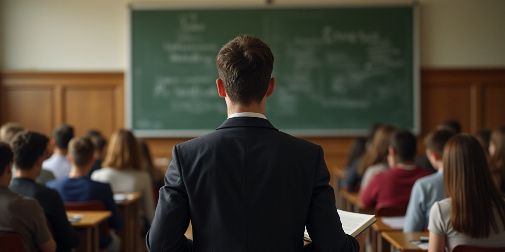 a man standing in front of a class room full of students with a book in his hand and a book in his h
