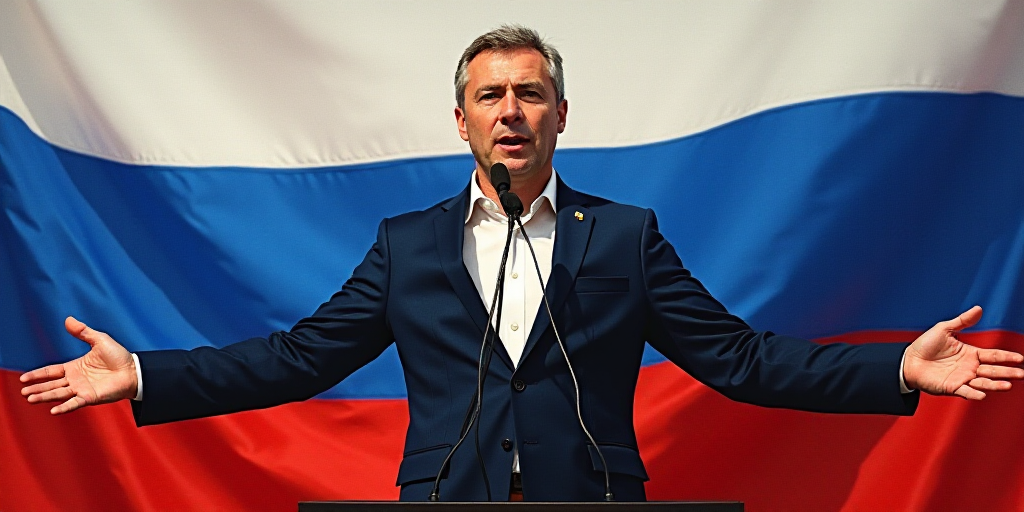 a man standing in front of a flag and a microphone in front of him with his hands out to the side, A