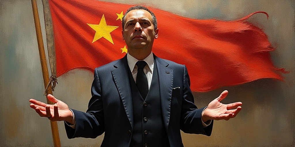 a man standing in front of a flag with his hands out in front of him and a painting behind him, Dary
