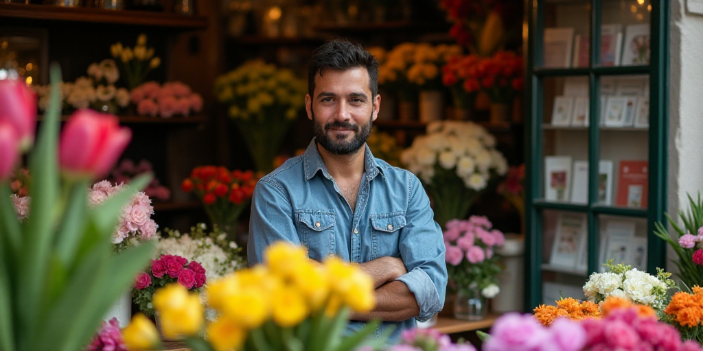 a man standing in front of a flower shop with flowers in the background and a bunch of flowers in th