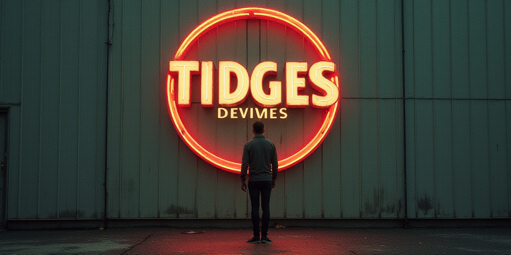 a man standing in front of a logo for a company that sells tidges on the wall of a building, Charles