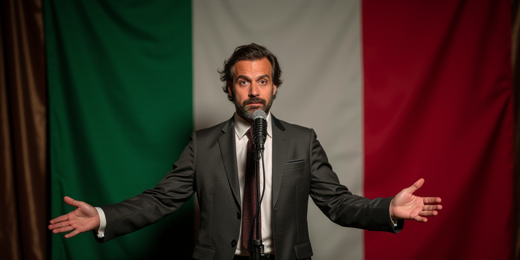 a man standing in front of a microphone with his hands open in front of him and a flag behind him, D