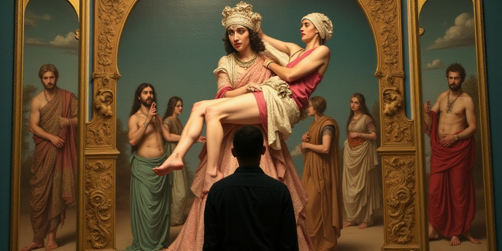 a man standing in front of a painting of a man being lifted by a woman in a dress and headdress, Dav