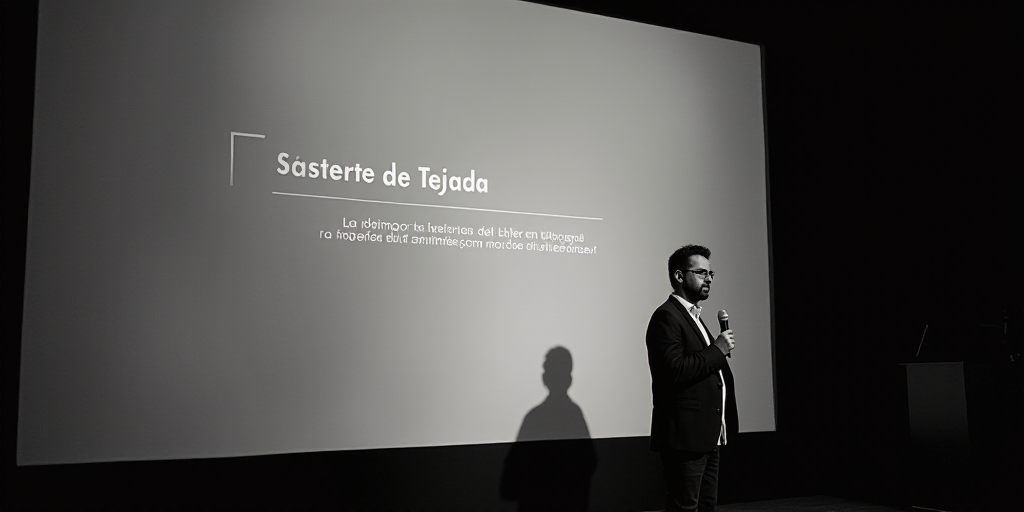 a man standing in front of a screen with a microphone in his hand and a caption in spanish, Carlos S