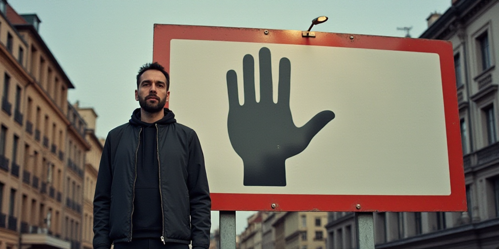 a man standing in front of a sign with a hand on it's side and a building in the background, david r