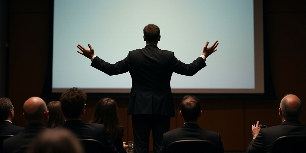 a man standing in front of a screen giving a speech at a conference or conference hall with his hand