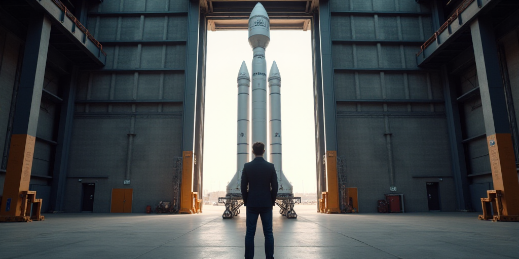 a man standing in front of a spacex rocket in a hangar with a hand out to the side, Andries Stock, u