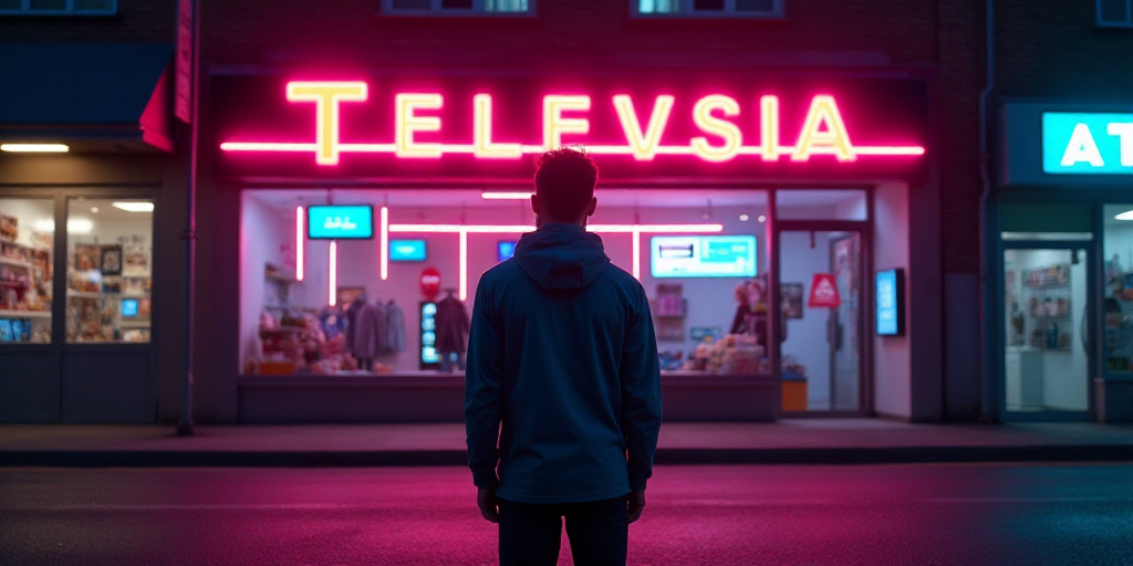 a man standing in front of a televsia store in a city street with a neon colored background, Ceferí
