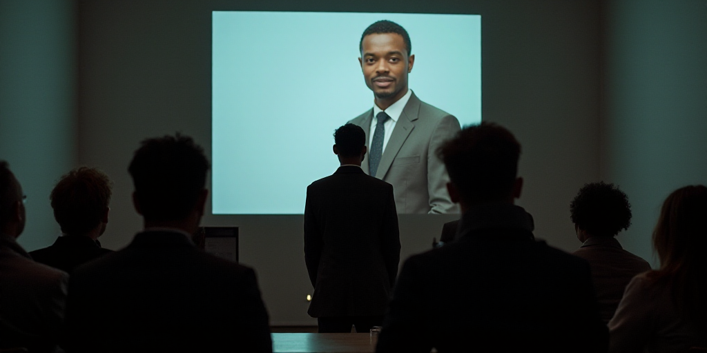 a man standing in front of a tv screen with a picture of a man on it and people sitting in front of