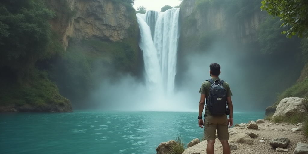 a man standing in front of a waterfall with a camera on his shoulder and a camera strap around his n