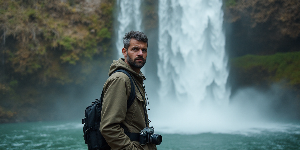 a man standing in front of a waterfall with a camera on his shoulder and a camera strap around his n