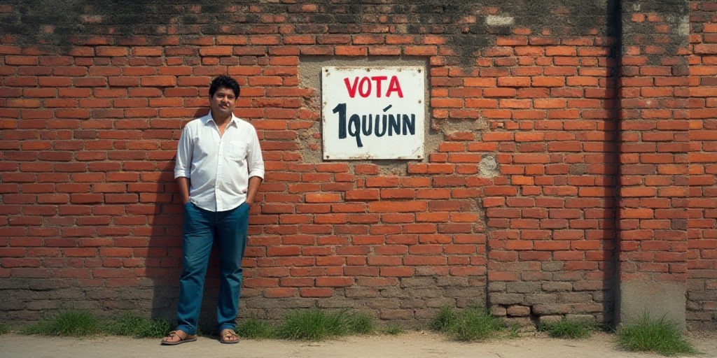 a man standing next to a brick wall with a sign on it that says vota 1'quino, Federico Uribe, foto r