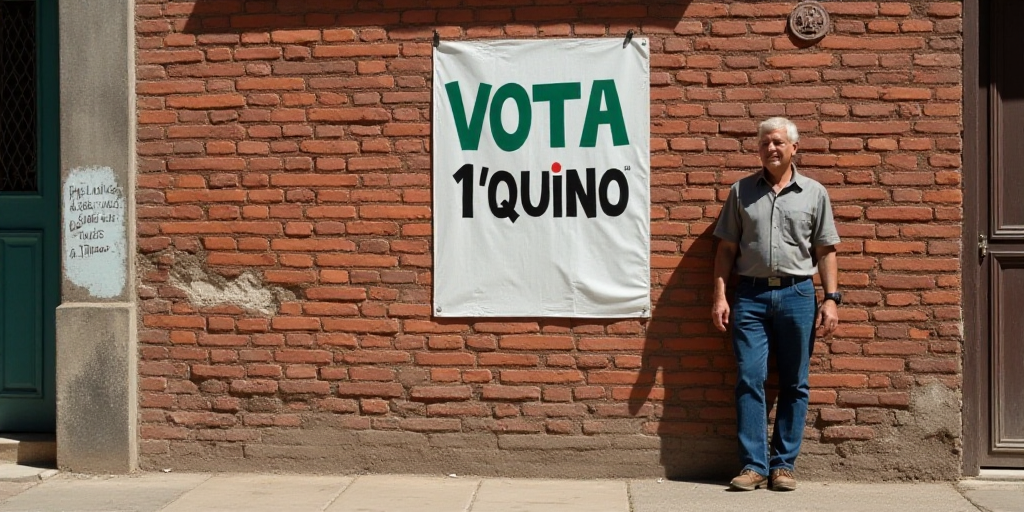 a man standing next to a brick wall with a sign on it that says vota 1'quino, Federico Uribe, foto r