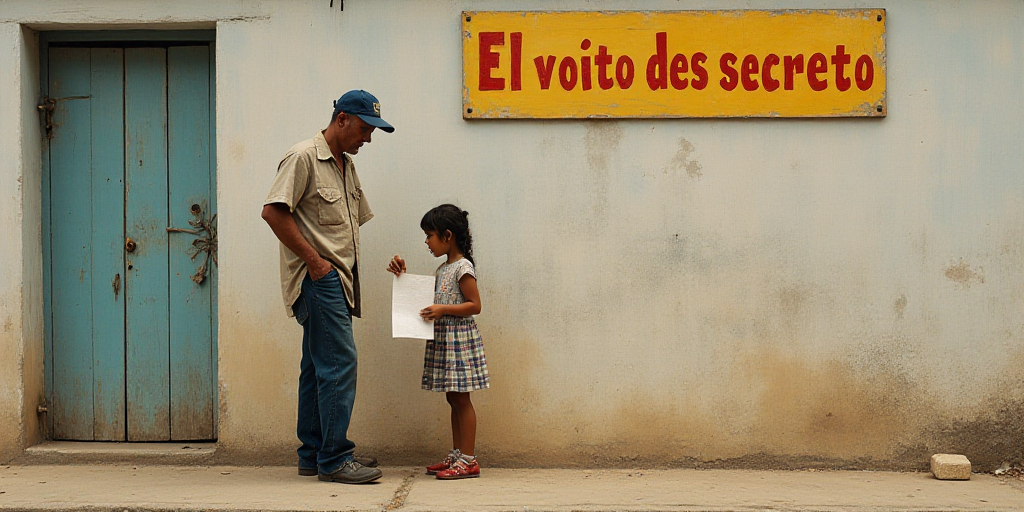 a man standing next to a little girl holding a piece of paper in front of a sign that reads el voto