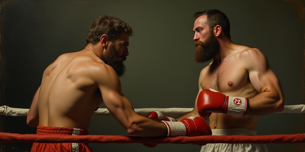 a man standing next to a man in a boxing ring with a glove on his head and a man with a beard on his
