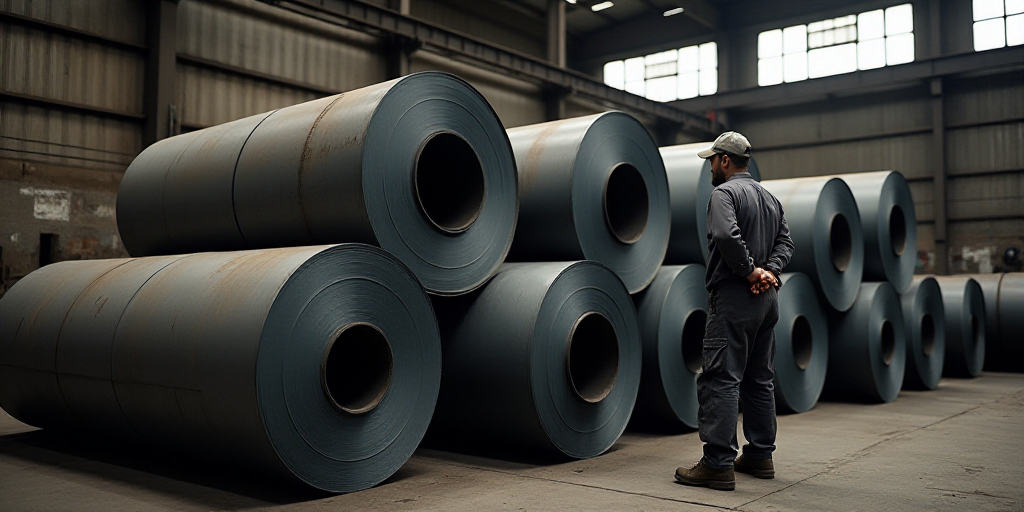 a man standing next to a pile of steel rolls in a factory with a worker standing next to them, Andri