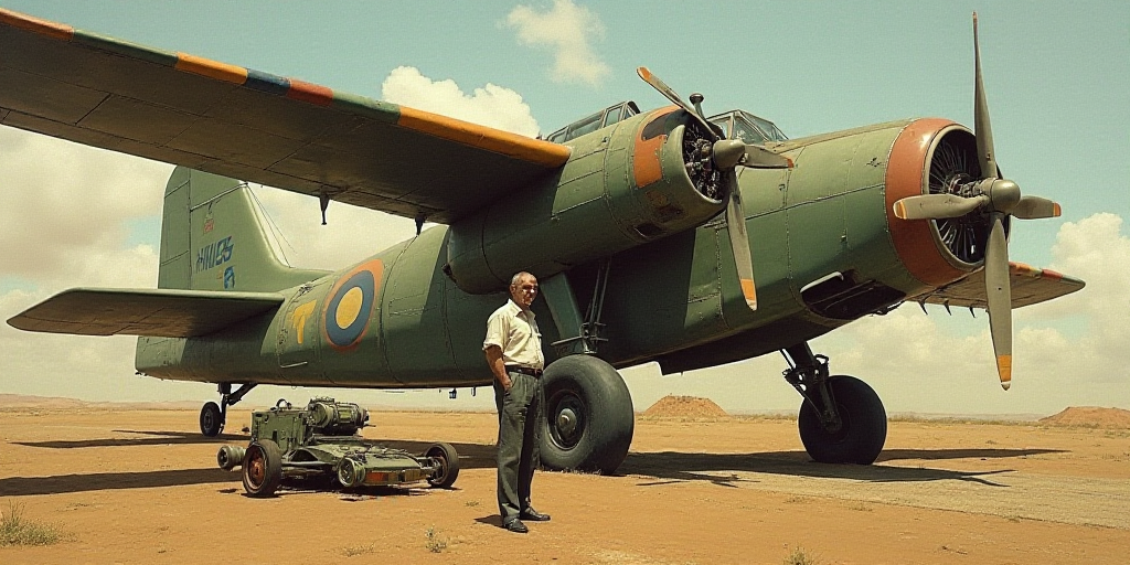 a man standing next to a plane with a propeller on it's side and a machine on the ground, Amédée O