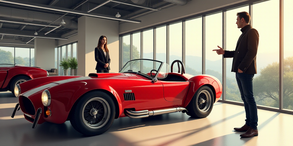a man standing next to a red car in a showroom with a woman looking at it and pointing, Cornelisz He