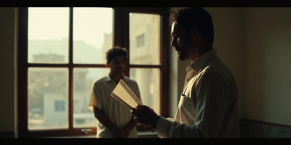 a man standing next to a window holding a piece of paper in his hand and looking at it while another
