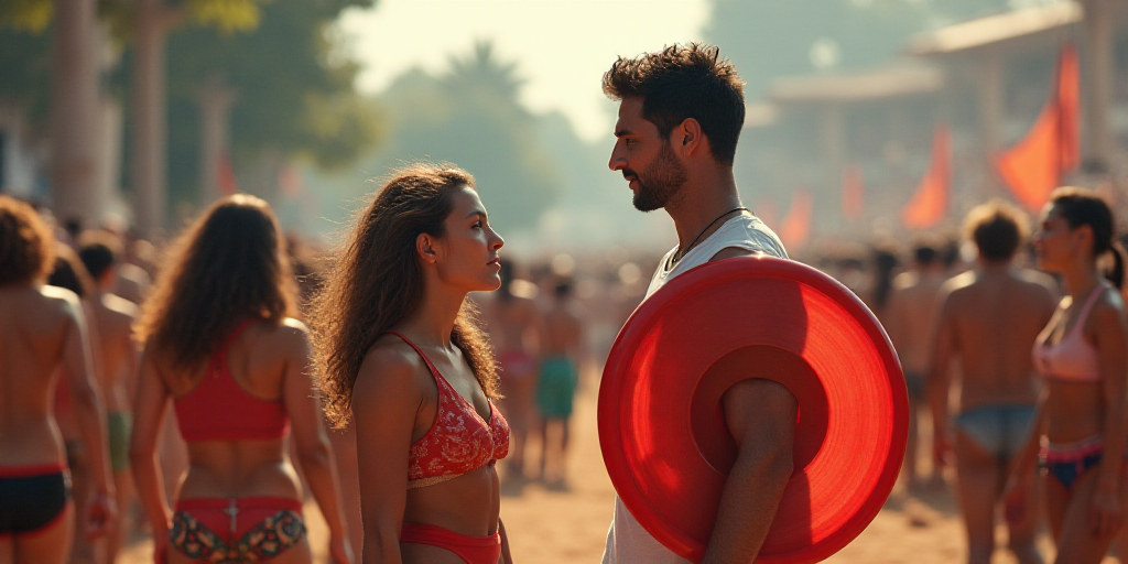 a man standing next to a woman holding a red and white frisbee in front of a crowd of people, Carlos