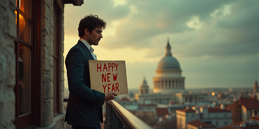 a man standing on a balcony holding a sign that says happy new year and a woman standing on a balcon
