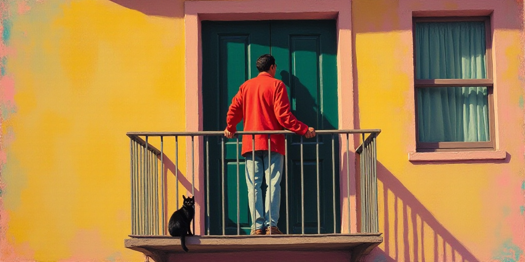 a man standing on a balcony with a red jacket on and a black cat in front of him and a door, Estuard